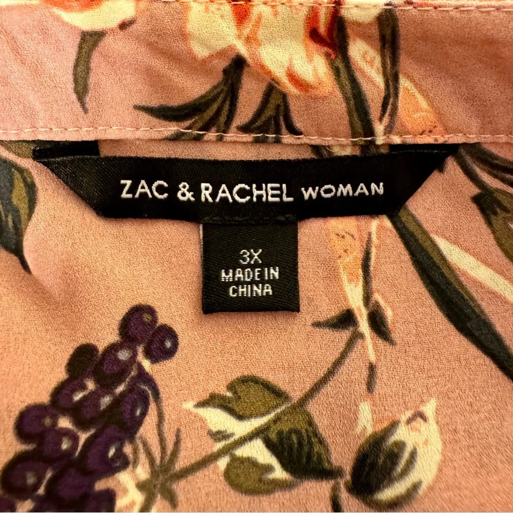 Zac & Rachel Women’s 3X coral pink with flowers blouse. EUC ties at the wrists. - Picture 6 of 6